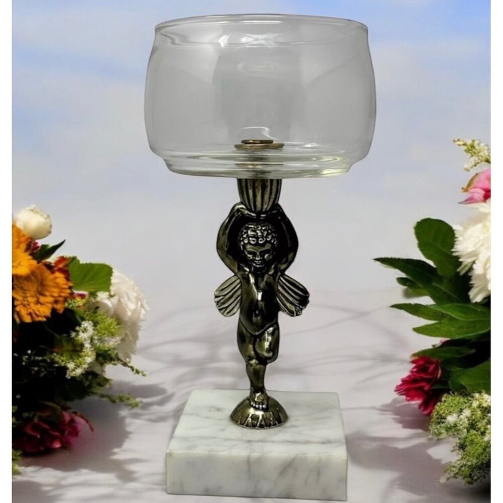 ALB Brass Angel Compote Candle Holder Marble Base Glass Bowl 7.5 Inch Vintage